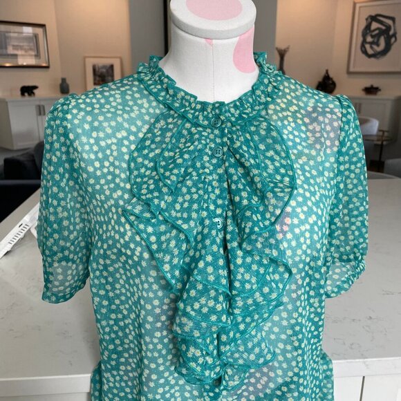 Cream CRKinia SS Puff Floral Button Down Blouse w Front Frill Green & Yel Sz 36 - Picture 2 of 13